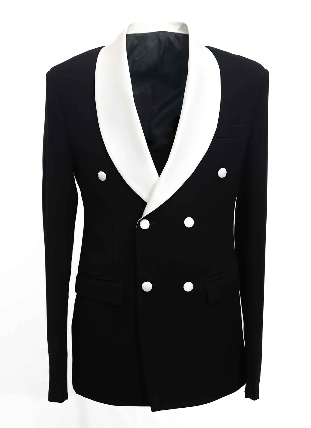 Black Double Breasted Blazer With White Shawl Lapel