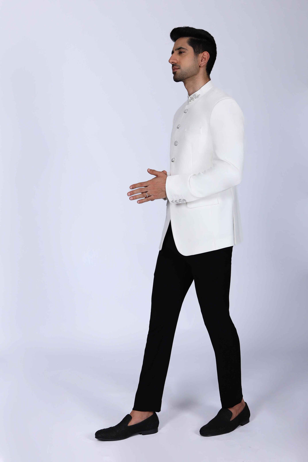 Off White Bandhgala Suit with Embroidery