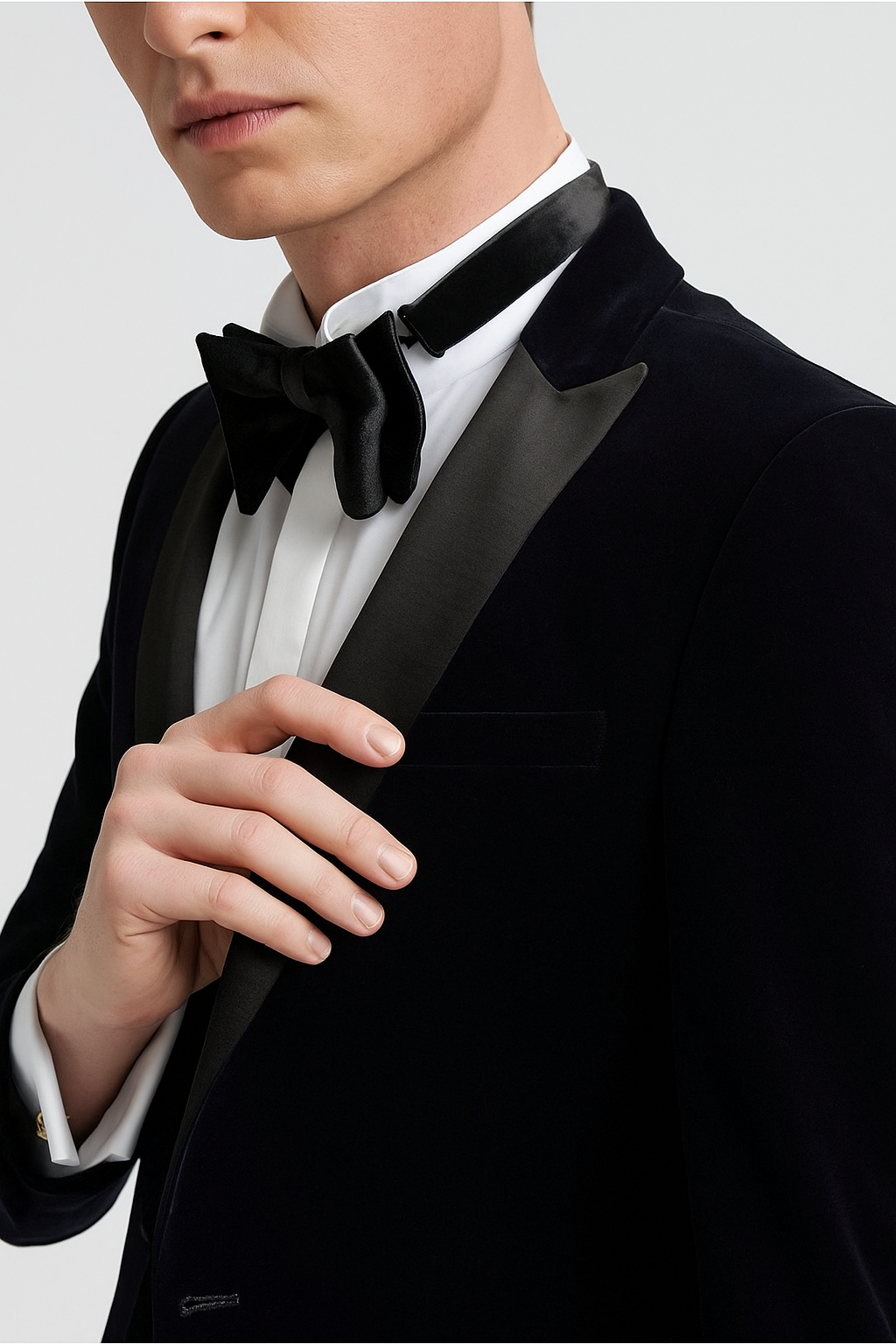 Person wearing a black tuxedo with a bow tie on a light gray background